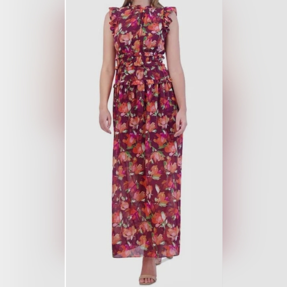 Vince Camuto Floral Maxi Dress in Burgundy, Pink and Orange